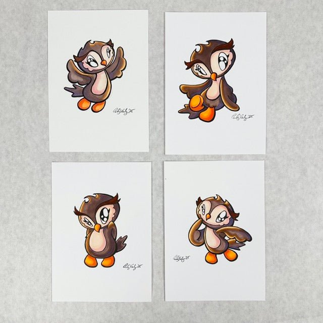 LIMITED Original Art: Owl Marker Drawings (4 poses) 5x7 framed - Skoshie & Friends