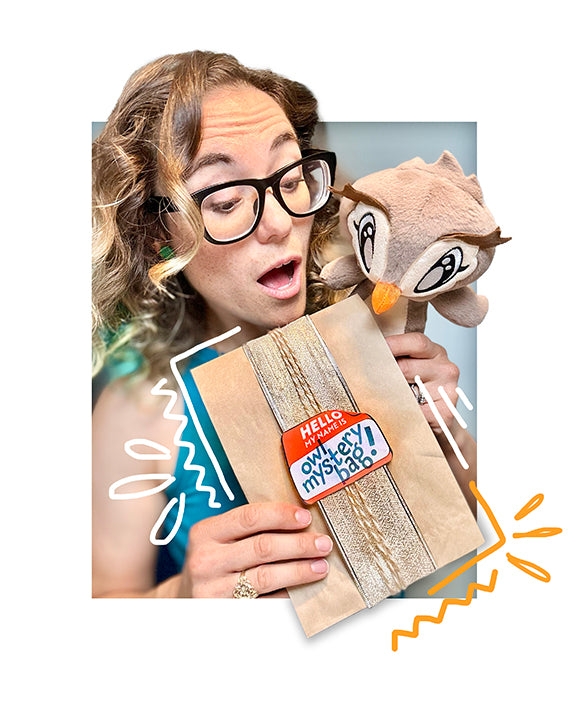Person holding an owl mystery bag paper bag packaging with a stuffed owl toy