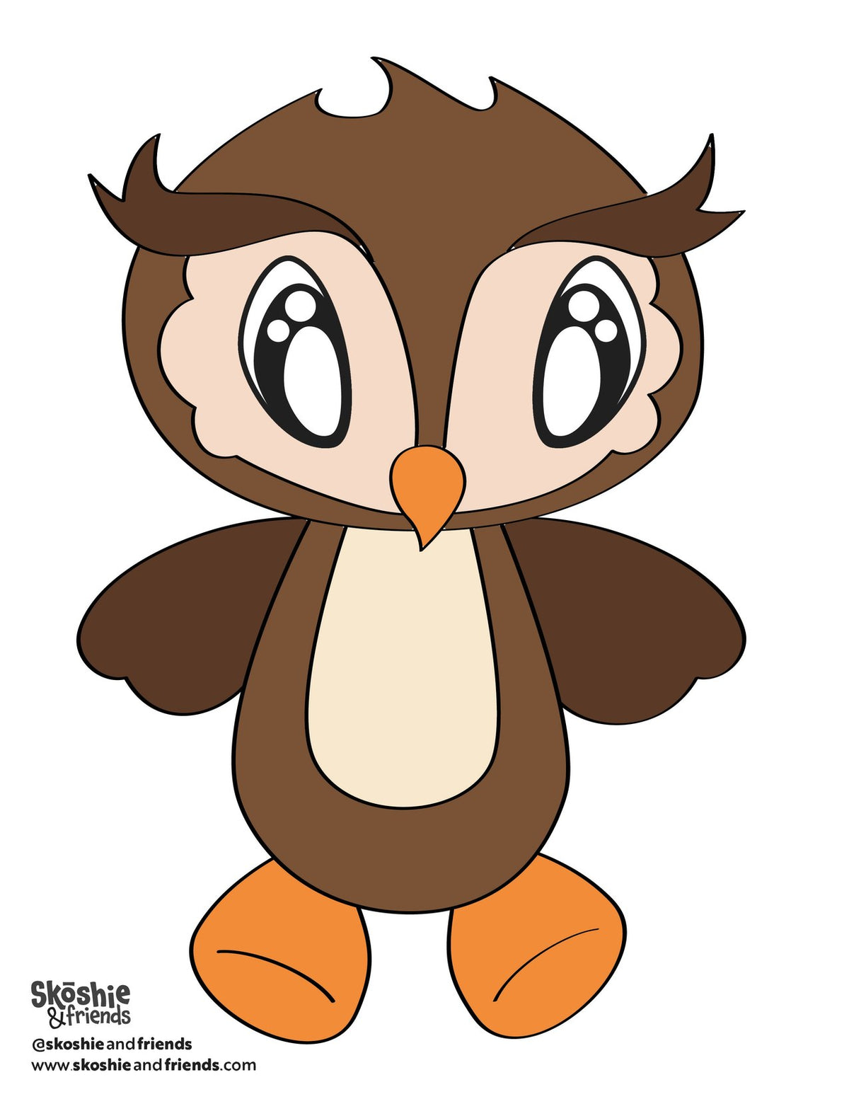 A finished Design Your Own Vaysie owl craft: Vaysie colored brown with a cream tummy, orange beak and feet, and big printable eyes glued on
