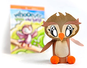Paper roll Vaysie the Owl craft: a brown toilet paper roll with a paper owl head, big eyes, orange beak, cream belly, wings and orange feet