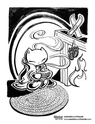Skoshie the Cat: Winter Fire — free printable coloring page