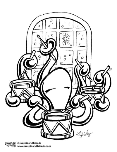 Zeek the Octopus: Drums — free printable coloring page
