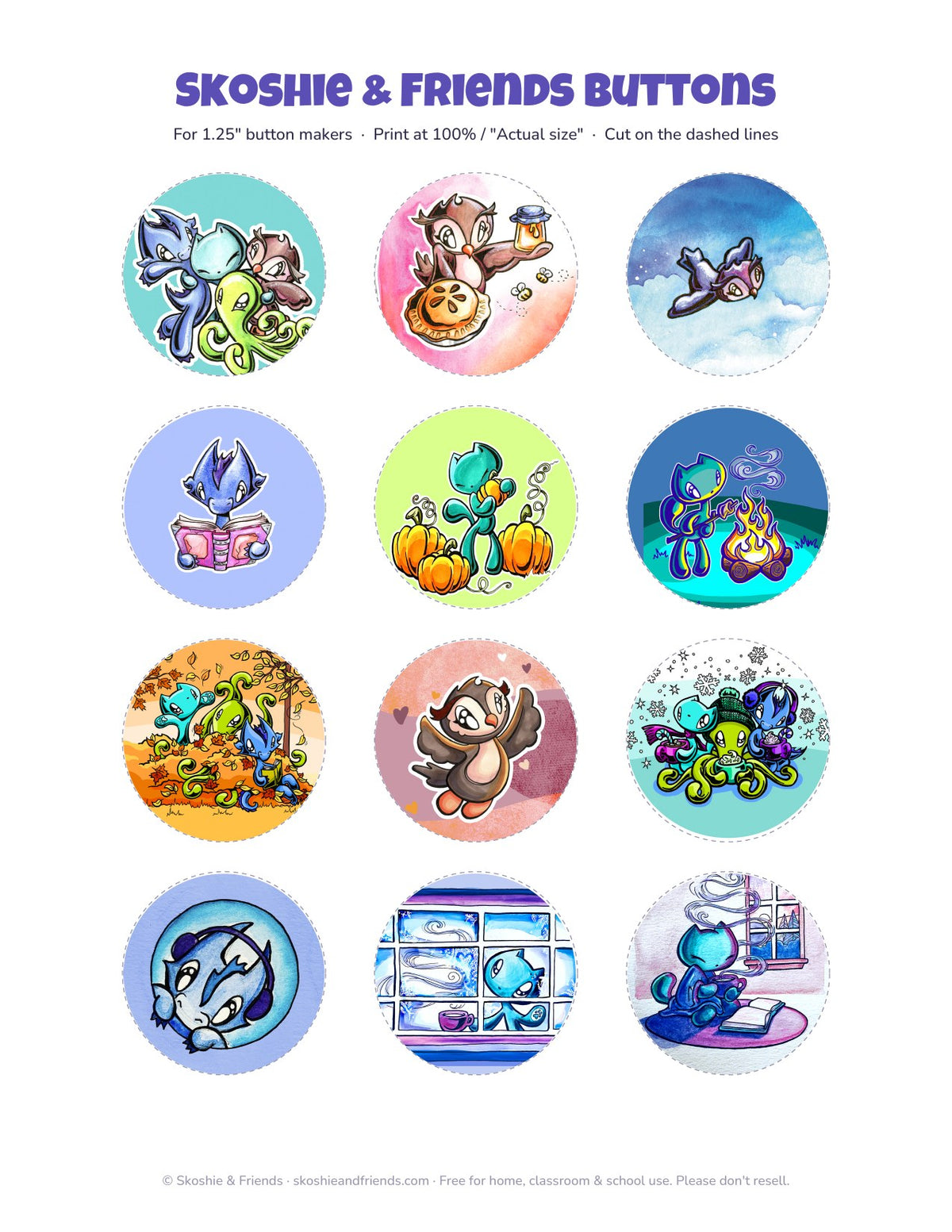 Skoshie & Friends printable button sheet: twelve round 1.25 inch button designs featuring Skoshie, Zeek, Wisp and friends