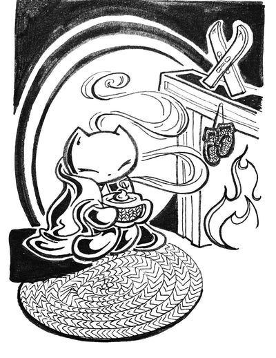 Skoshie the Cat: Winter Fire — free printable coloring page