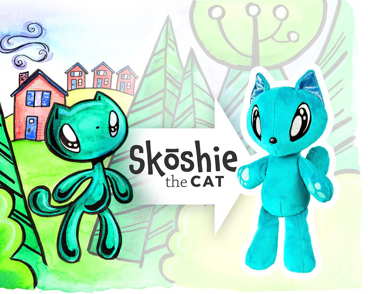 Skoshie the Cat - Plushie - Side by Side Next to Book