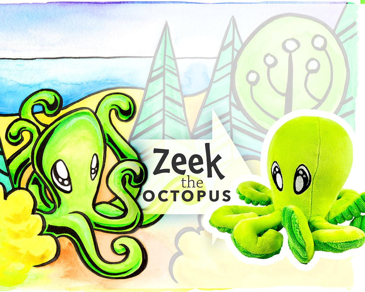 Zeek the Octopus - Plushie - Side by Size with the Book