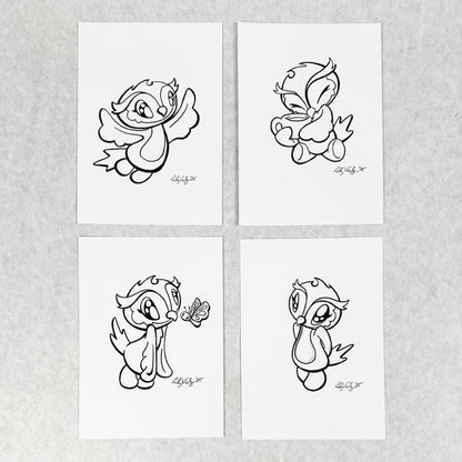 LIMITED Original Art: Owl Ink Drawings (4 poses) 5x7 framed - Skoshie & Friends