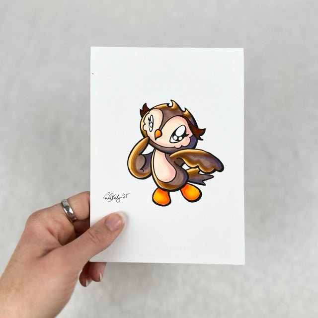 LIMITED Original Art: Owl Marker Drawings (4 poses) 5x7 framed - Skoshie & Friends