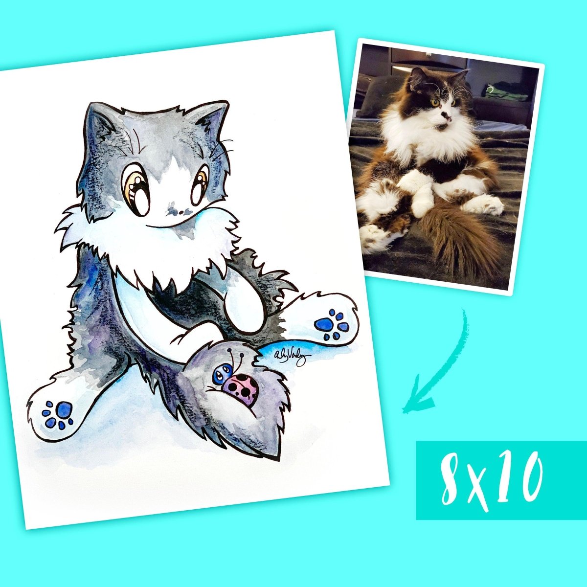 Custom cartoon pet painting: Watercolor art based on YOUR PHOTO - Skoshie & Friends
