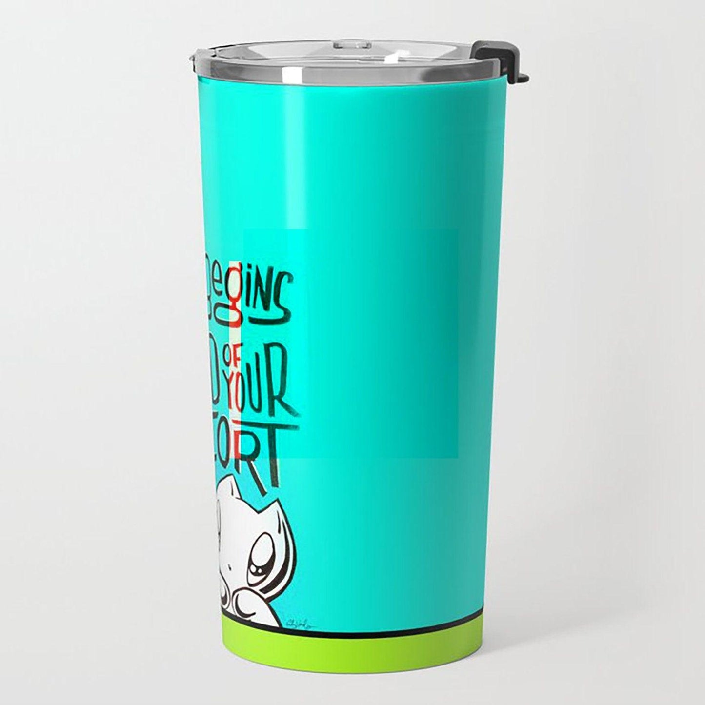 Travel Mug (2 options): Trying vs. Quitting OR Comfort Zone - Zeek the Octopus, Skoshie the Cat - motivational, hand lettering