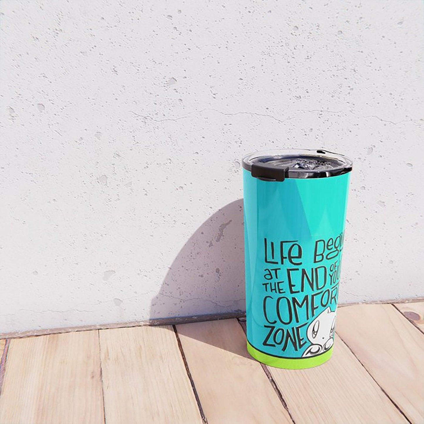 Travel Mug (2 options): Trying vs. Quitting OR Comfort Zone - Zeek the Octopus, Skoshie the Cat - motivational, hand lettering