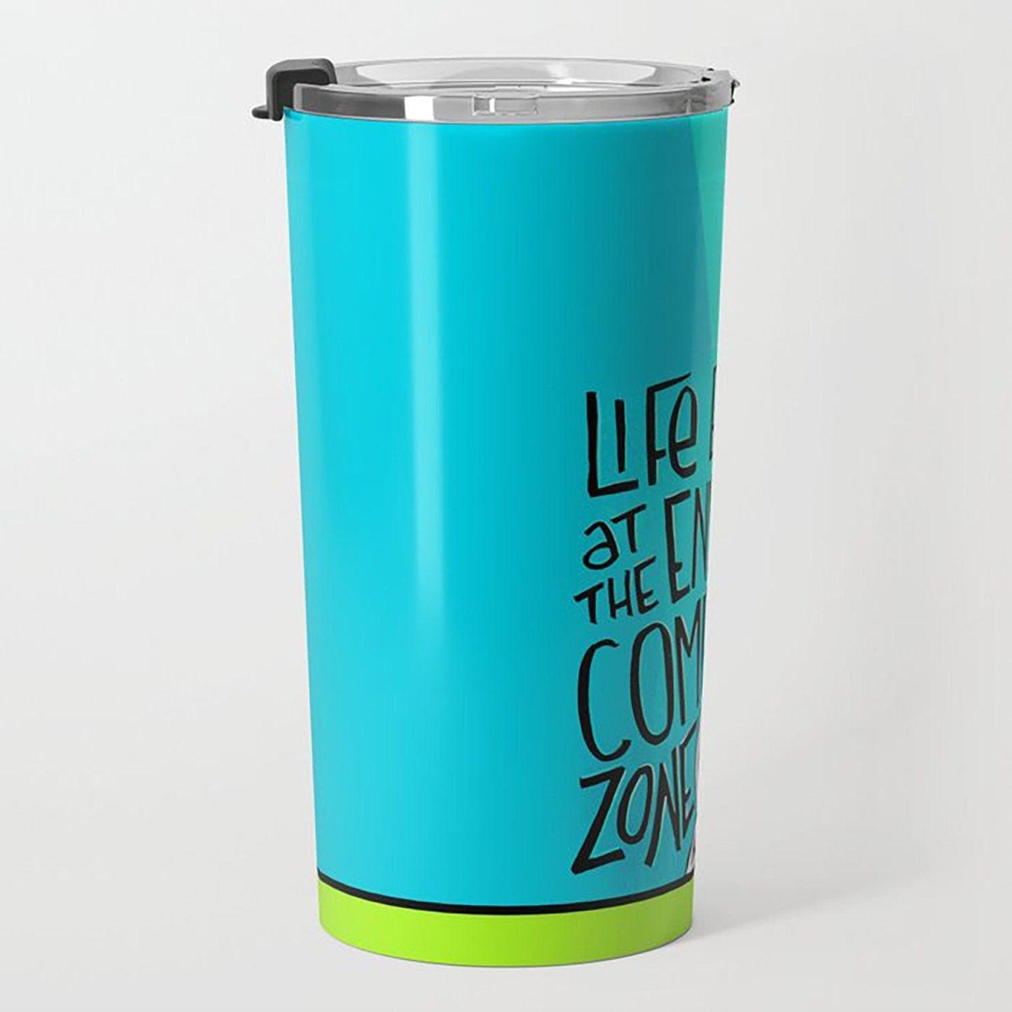 Travel Mug (2 options): Trying vs. Quitting OR Comfort Zone - Zeek the Octopus, Skoshie the Cat - motivational, hand lettering